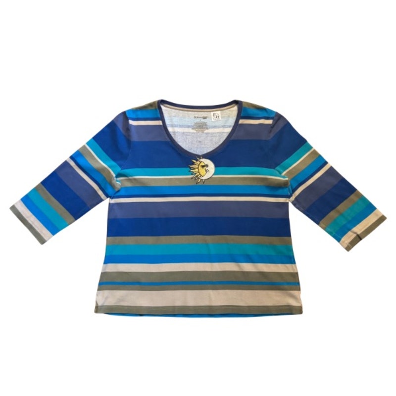 Vintage Sun and Moon Patch Blue/Green Striped 3/4 Sleeve Cotton V-Neck Top (L-XL)