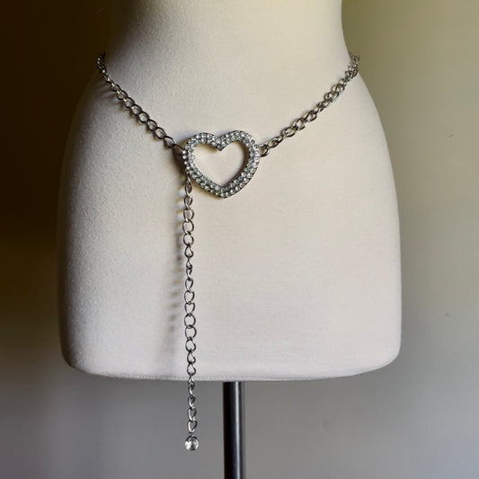 Y2K Silver Rhinestone Heart Chain Belt (fits up to XL)
