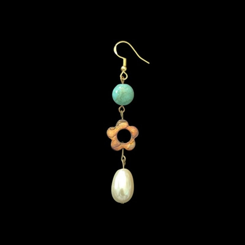 Baroque-Inspired Turquoise, Brown Shell Flower, & Costume Pearl Beaded Drop Earrings