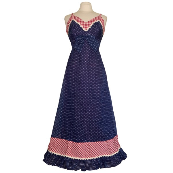 1960’s/70’s Navy Blue/White/Red Polka Dot & Gingham Trim Maxi Dress & Matching Shawl (S)