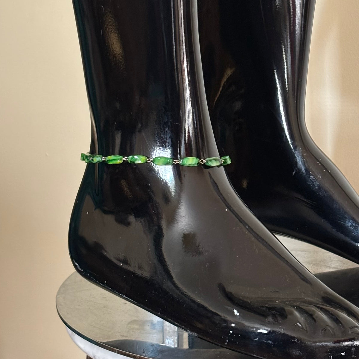 Marbled Green Sea Glass Beaded Chain Anklet (XL)