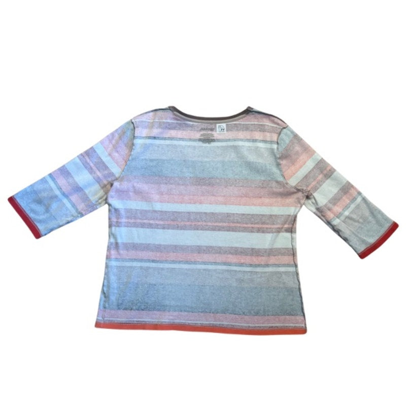 Vintage Sun and Moon Patch Blue/Green Striped 3/4 Sleeve Cotton V-Neck Top (L-XL)