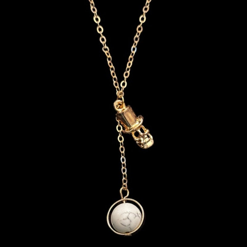 Gold Top Hat Skull & White Marble Charm Layered Drop Pendant Necklace