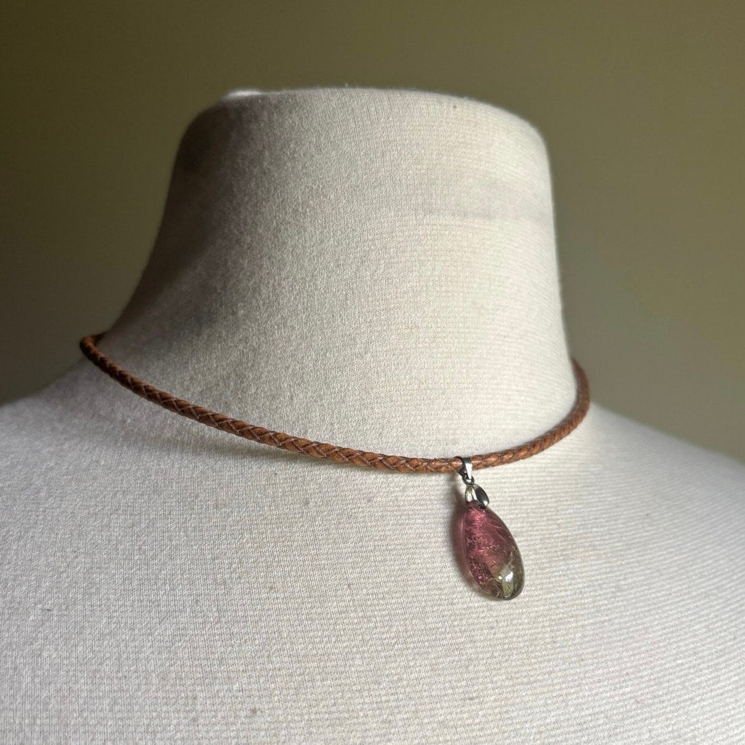Faux Ametrine Teardrop Pendant Leather Cord Choker Necklace