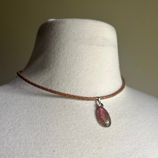 Faux Ametrine Teardrop Pendant Leather Cord Choker Necklace