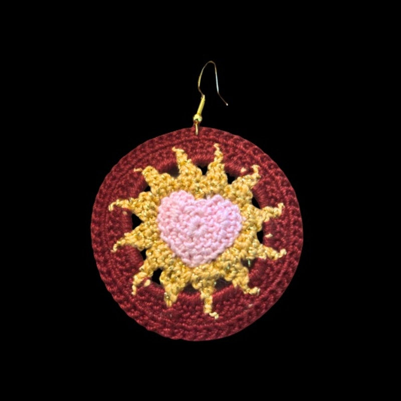 Pink, Gold, & Burgundy Hearts on Fire Micro-crocheted Disc Earrings