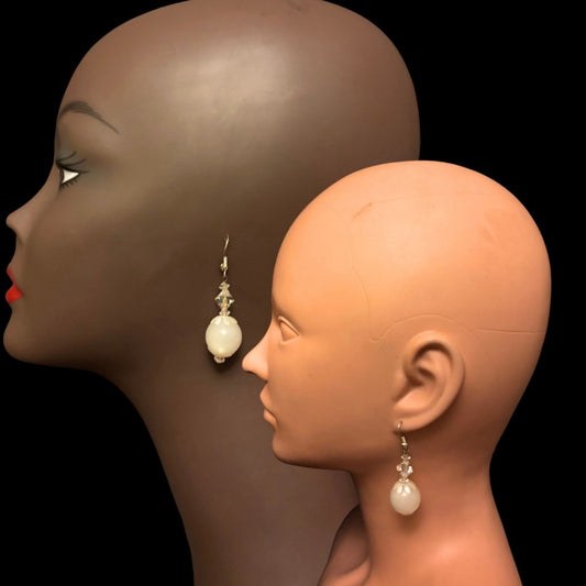 White Mock Crystal and Pearl Beaded Drop Earrings | Upcycled Vintage