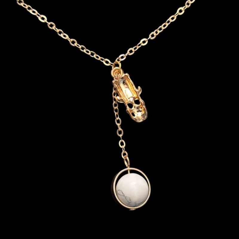 Gold Top Hat Skull & White Marble Charm Layered Drop Pendant Necklace