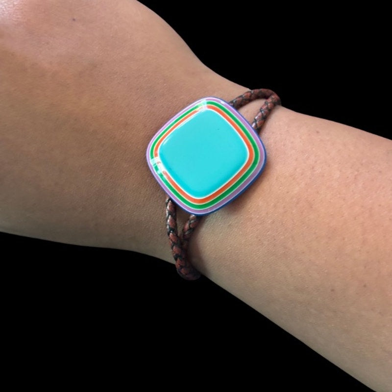Upcycled Vintage Turquoise Blue/Multi Striped Border Square Bolo Bracelet