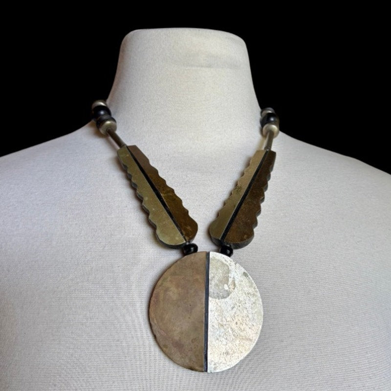 Vintage Black, Bronze & Silver Beaded Mixed Metal & Wood Disc Pendant Necklace