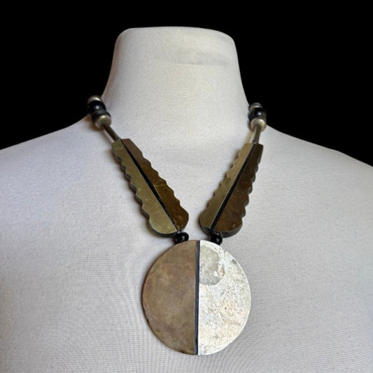 Vintage Black, Bronze & Silver Beaded Mixed Metal & Wood Disc Pendant Necklace