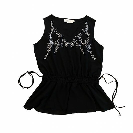 V-Neck Sleeveless Black & White Embroidered Drawstring Waist Chiffon Tank (L)