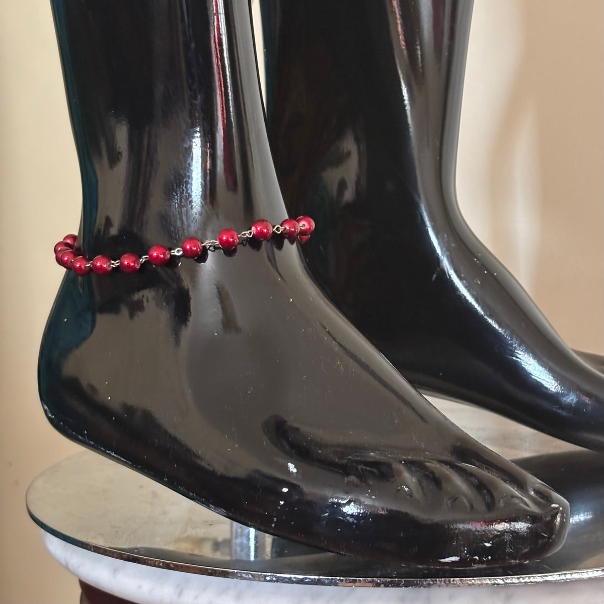 Bordeaux Red Beaded Chain Anklet (XL)