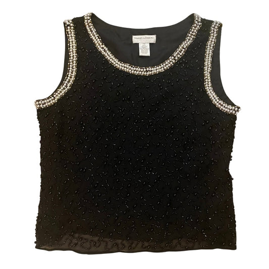🔔 Vintage Women’s Black, Pearl & Bead-Embroidered Black Silk Sleeveless Top (14P)