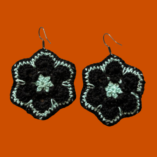 Black & Icy Blue Micro-crocheted Cotton Flower Earrings