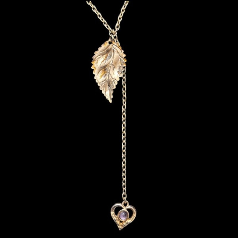 Vintage White Gold Toned Leaf & Faux Amethyst Heart Charm Layered Drop Pendant Necklace