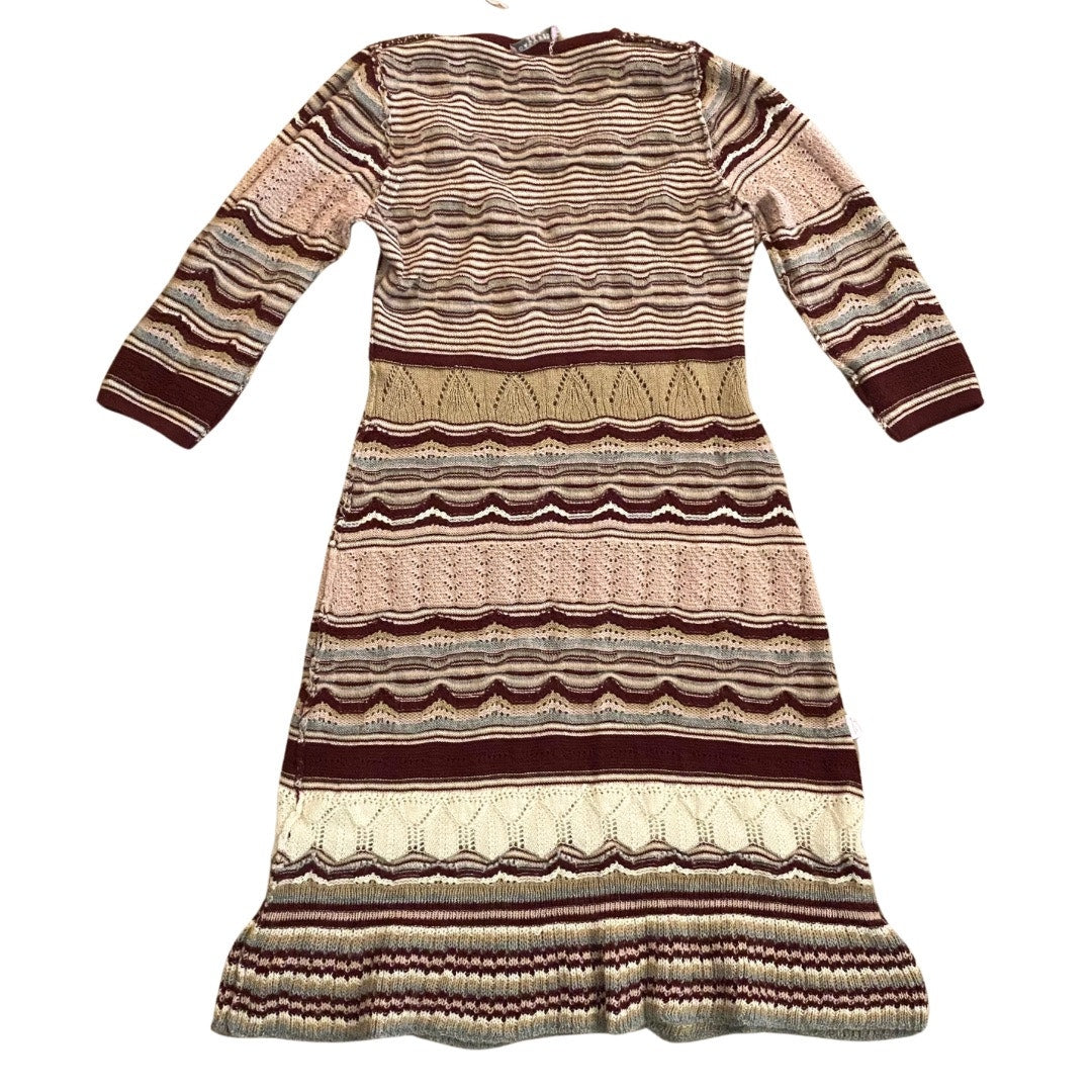 NWT V-Neck Pink/ Burgundy/ Cream/ Striped Baby Alpaca Wool Knit Ruffle Hem Dress (M)