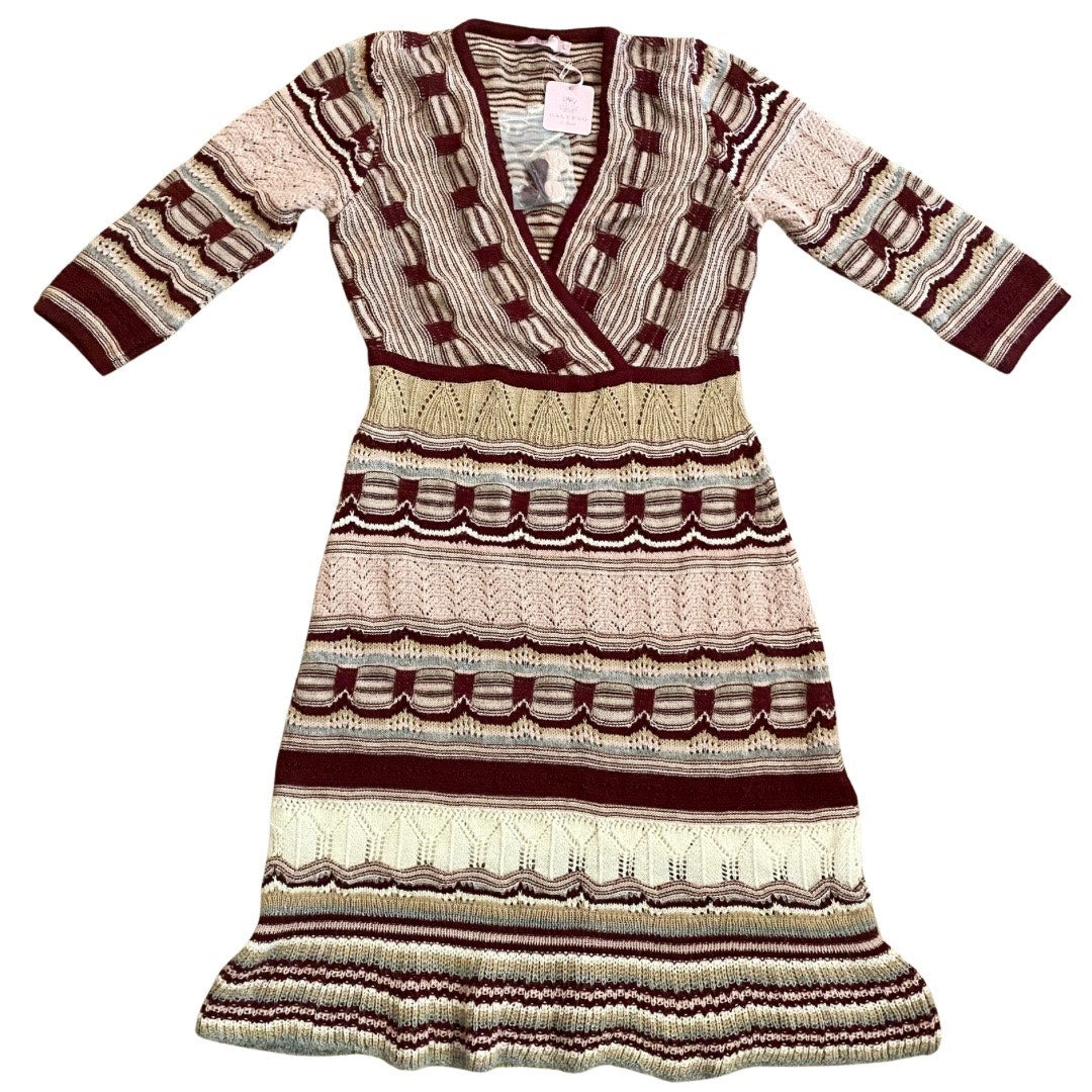 NWT V-Neck Pink/ Burgundy/ Cream/ Striped Baby Alpaca Wool Knit Ruffle Hem Dress (M)