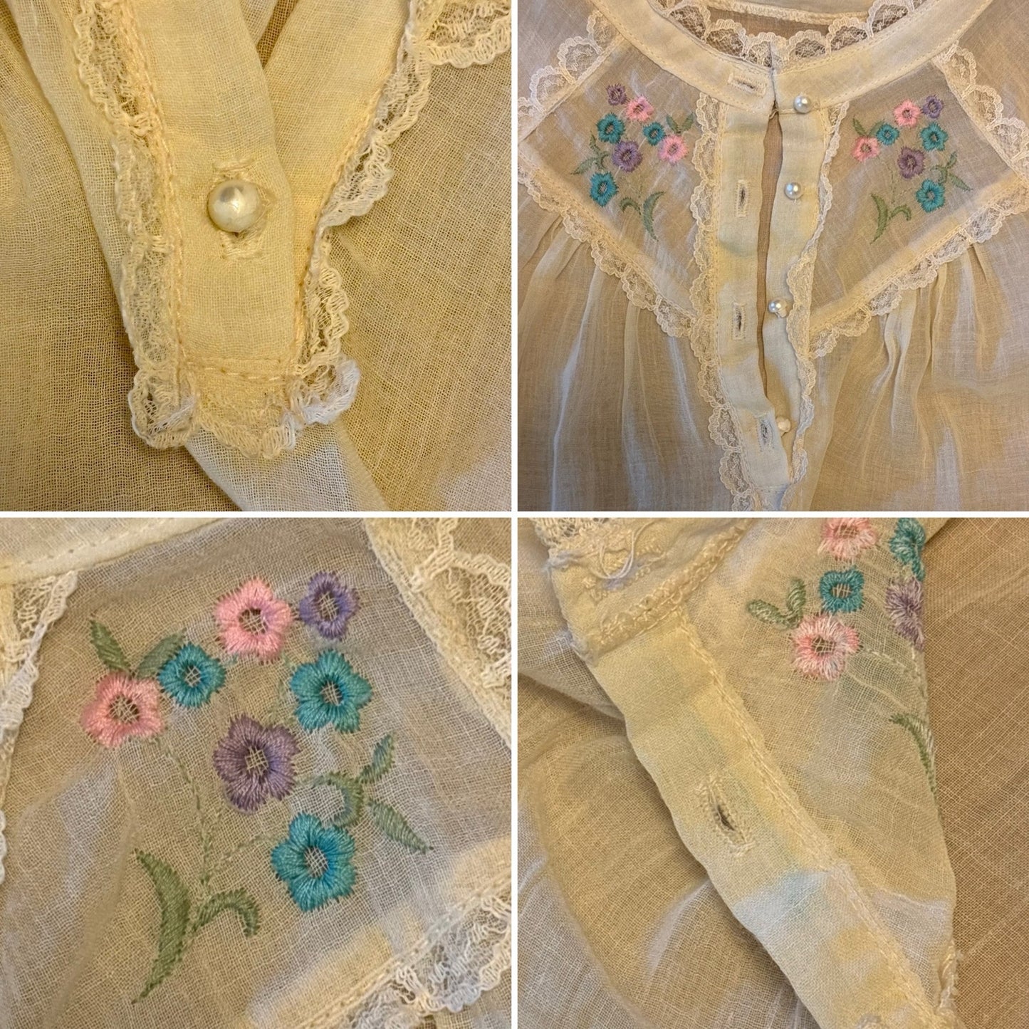 Vintage Sheer Pastel Yellow Floral Embroidered Lace Collar Short Sleeve Blouse (S-M)