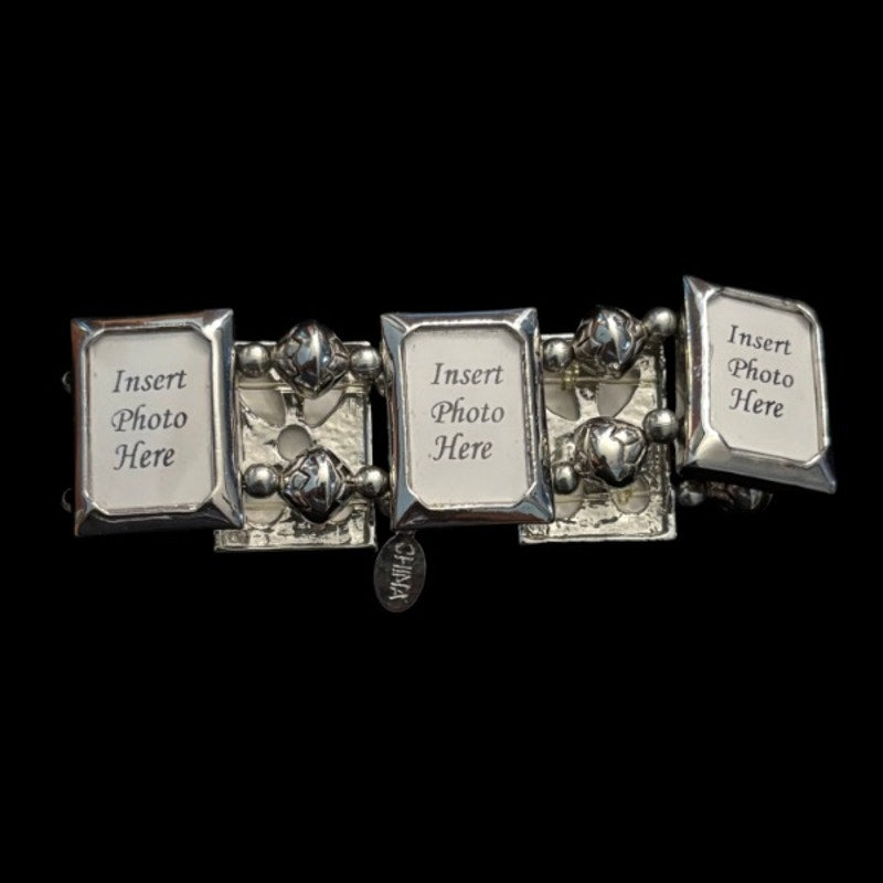 Vintage Costume Silver Photo Frame Link Stretch Bracelet