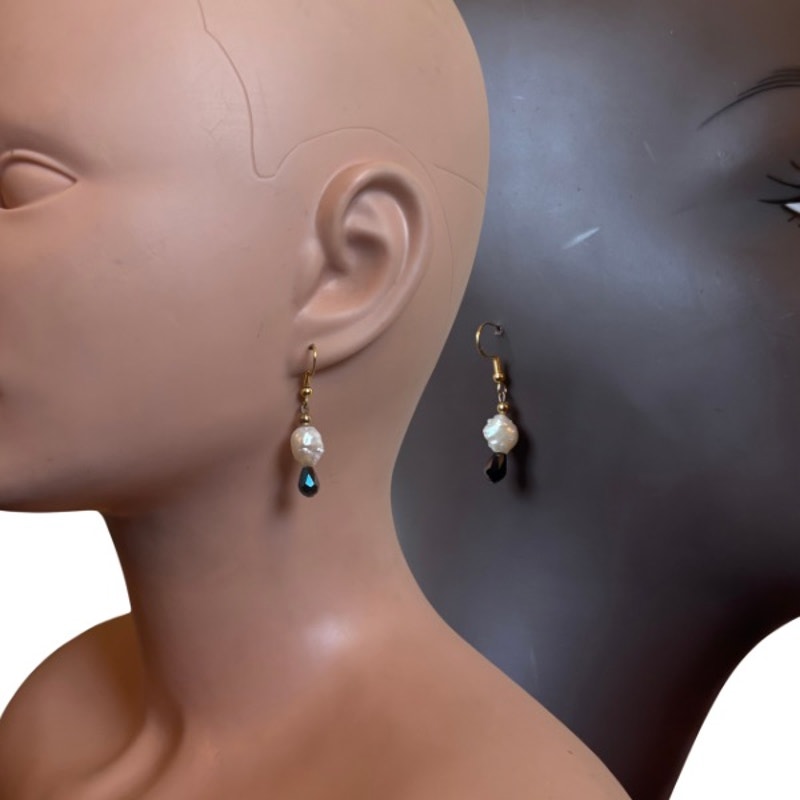 Mermaid Tears | Costume White Baroque Pearl & AB Black/Blue Drop Earrings