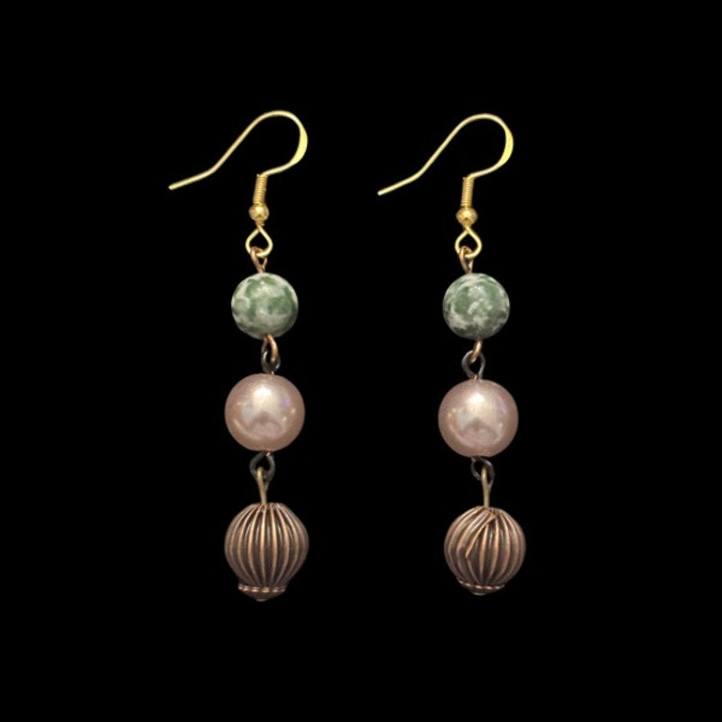 Baroque-inspired Marbled Green, Rose Gold Pearl, & Bronze Beaded Drop Earrings