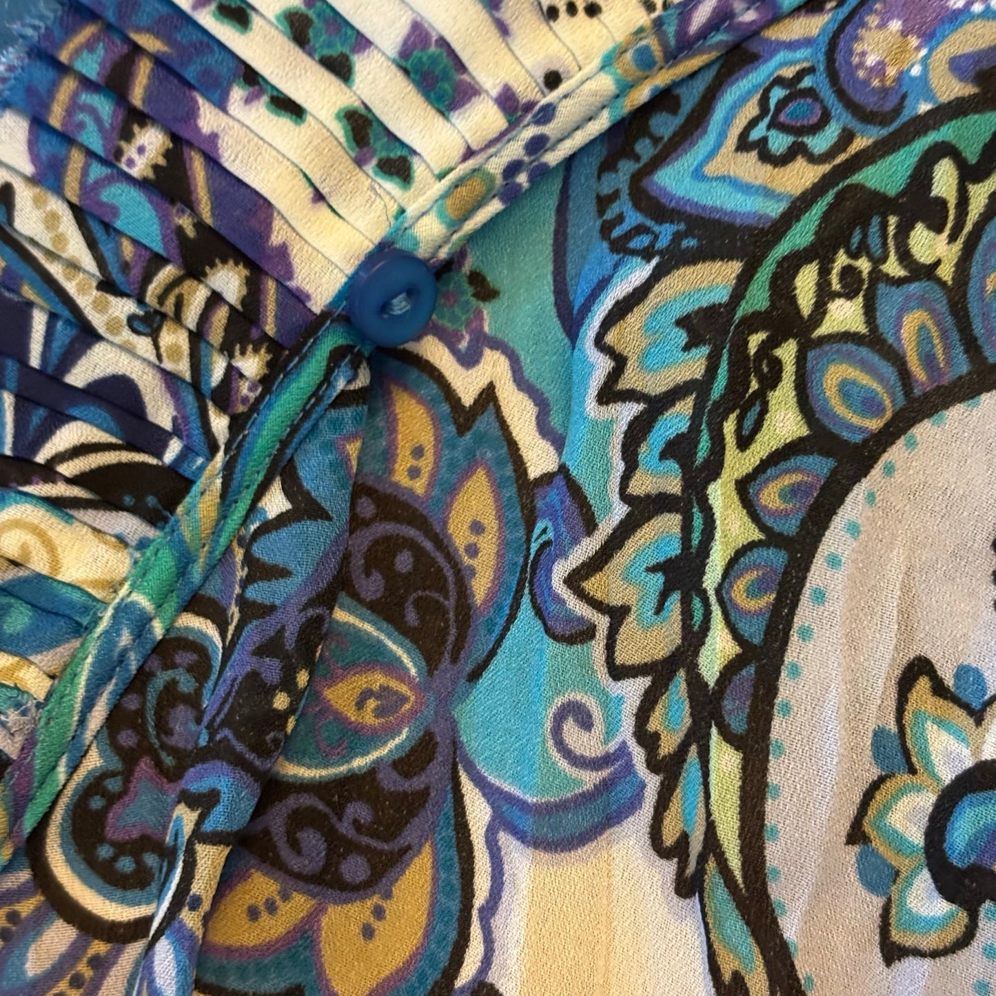 Y2K Sheer Blue Paisley Ruffle Collar Short Sleeve Wrap Top (L)