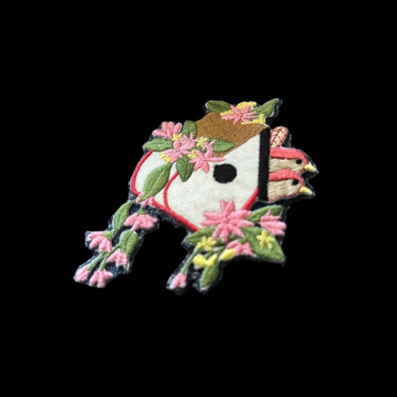 Pink Flower Birdhouse with Peeking Lovebirds Vintage Embroidered Patch Pin
