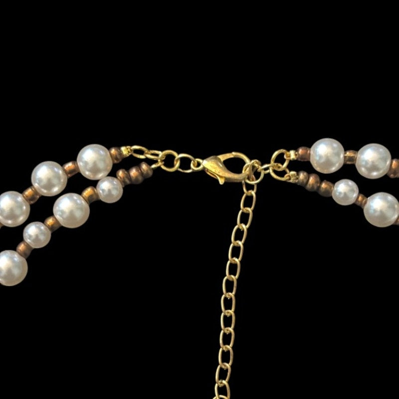 Double Strand Pearl Necklace with Square Vintage Costume Oval Amber, Sapphire & Clear Rhinestone Studded Bronze Pendant