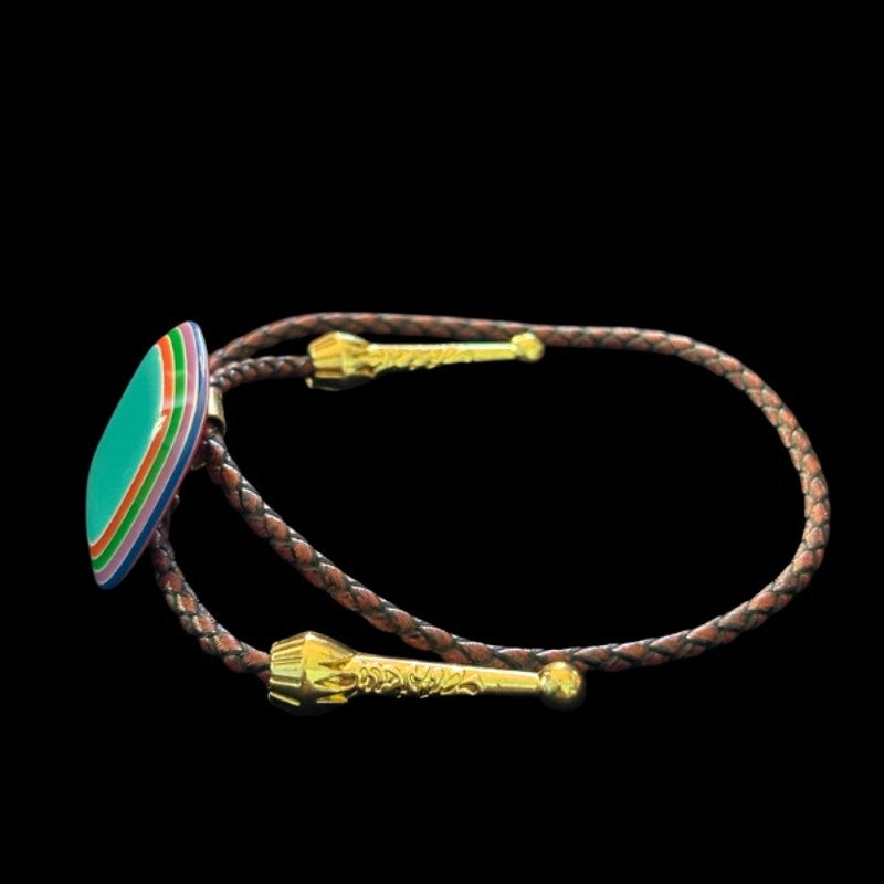 Upcycled Vintage Turquoise Blue/Multi Striped Border Square Bolo Bracelet