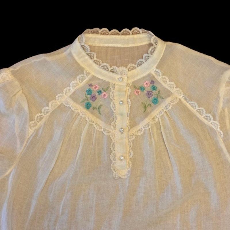 Vintage Sheer Pastel Yellow Floral Embroidered Lace Collar Short Sleeve Blouse (S-M)