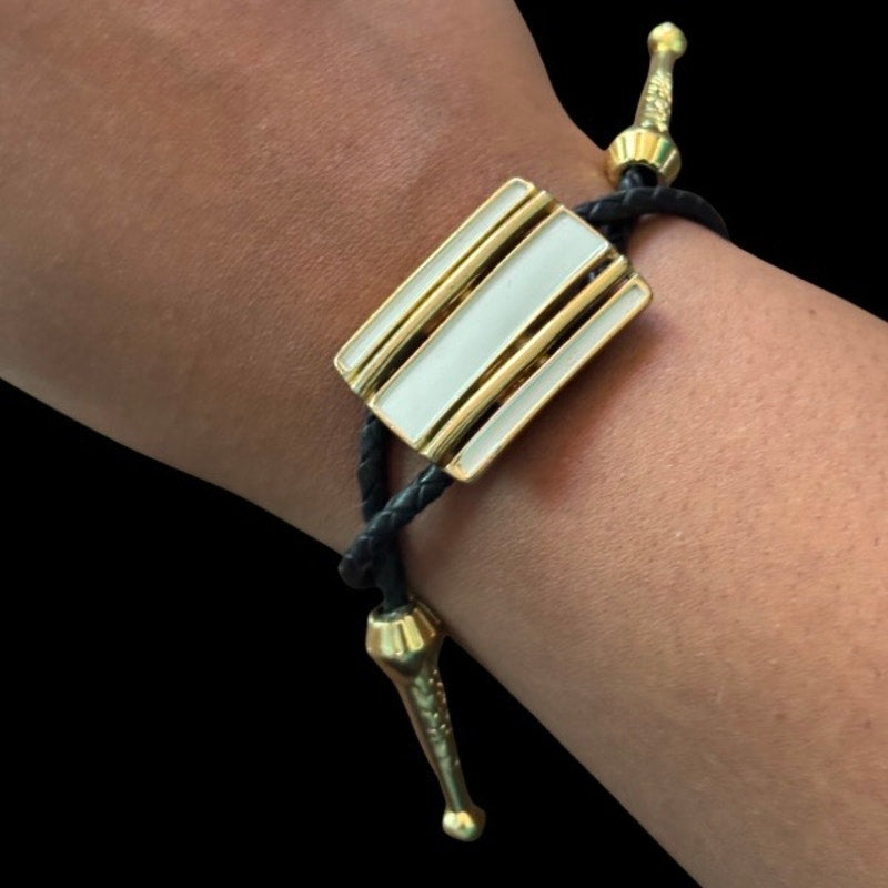Upcycled Vintage Art Deco White, Gold, and Black Rectangle Bar Bolo Bracelet
