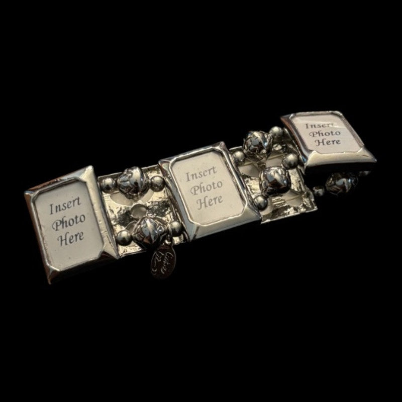 Vintage Costume Silver Photo Frame Link Stretch Bracelet