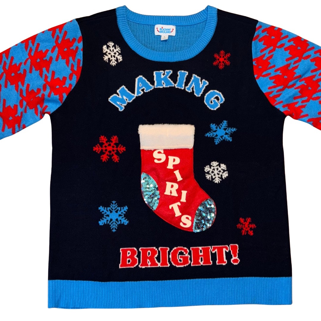 Making Spirits Bright Stocking Pocket Rockin Around Unisex Ugly Christmas Sweater (L)