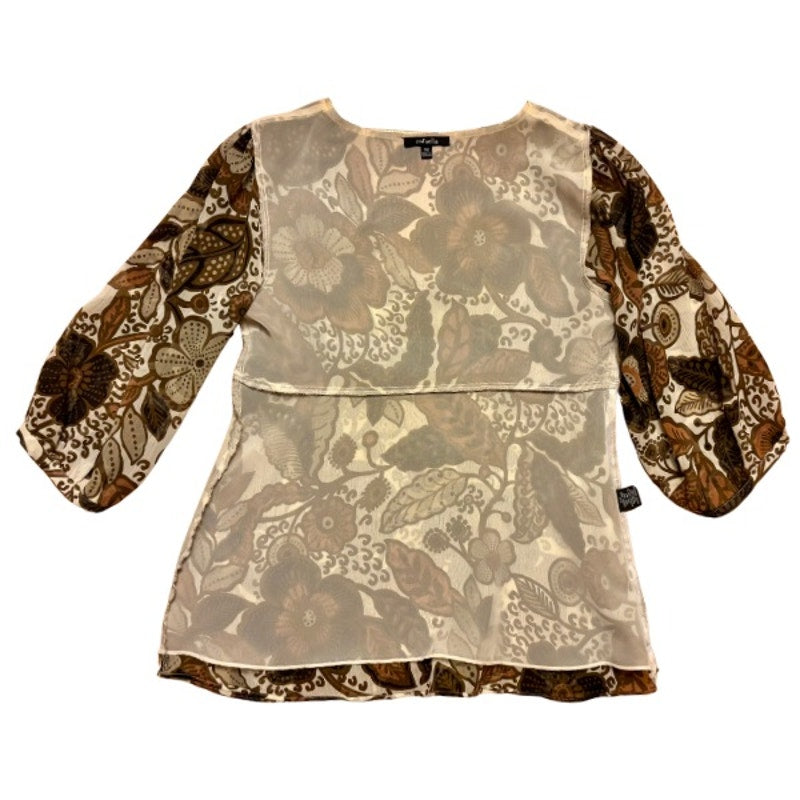 Y2K Earthy Burnt Orange, Cream, and Green Sheer Floral Puff Sleeve Blouse (M)