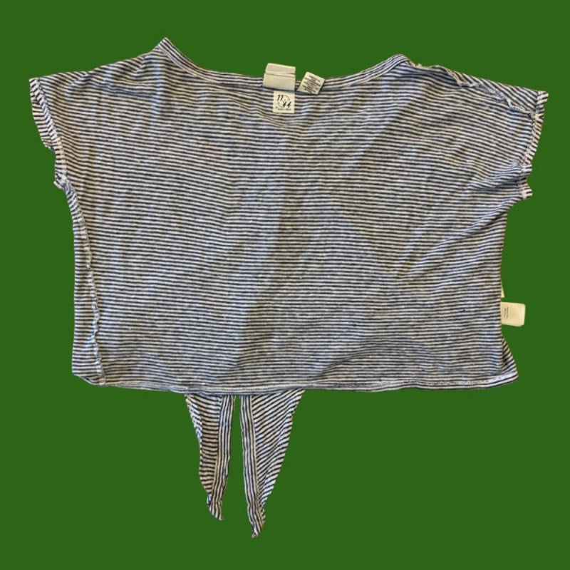 Vintage Daffodil Patch Blue and White Striped Button Down Tie Front Linen Crop Top (M/L)