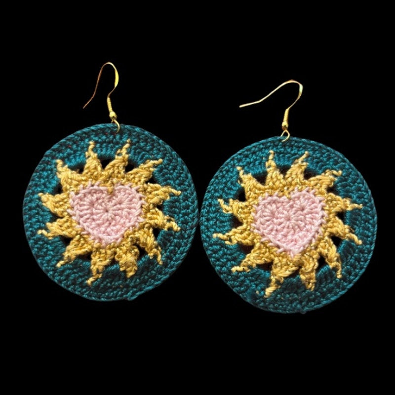 Pink, Gold, & Teal Hearts on Fire Micro-crocheted Disc Earrings