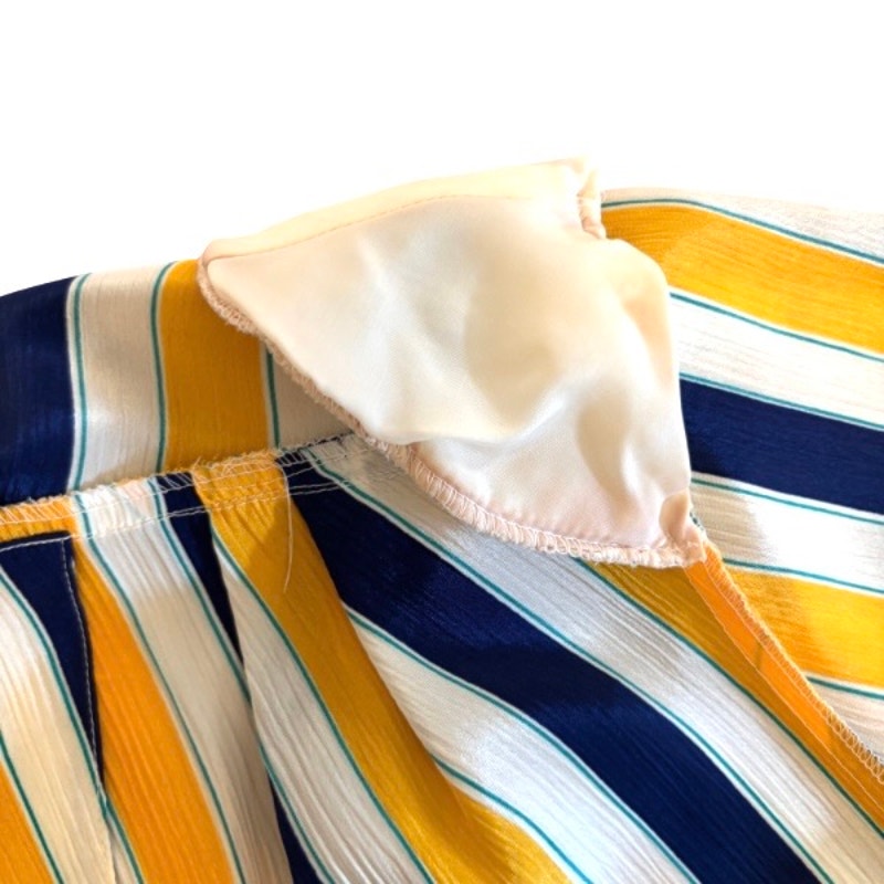 Vintage Textured Satin Yellow, White, & Blue Striped Short Sleeve Shirt (M/L)