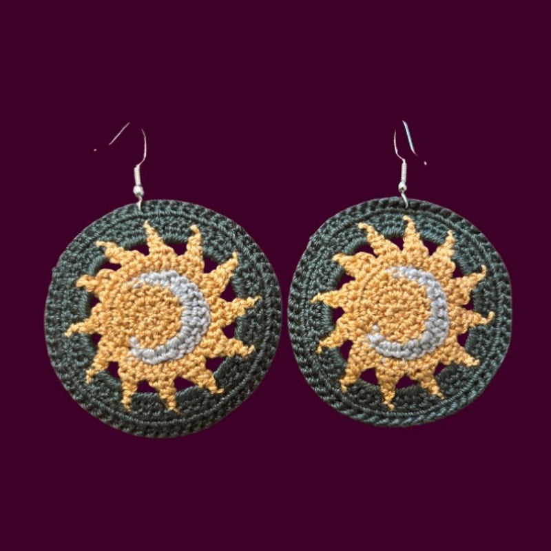 Forest Green Sun and Moon Micro-crocheted Disc Earrings | Made by Maya