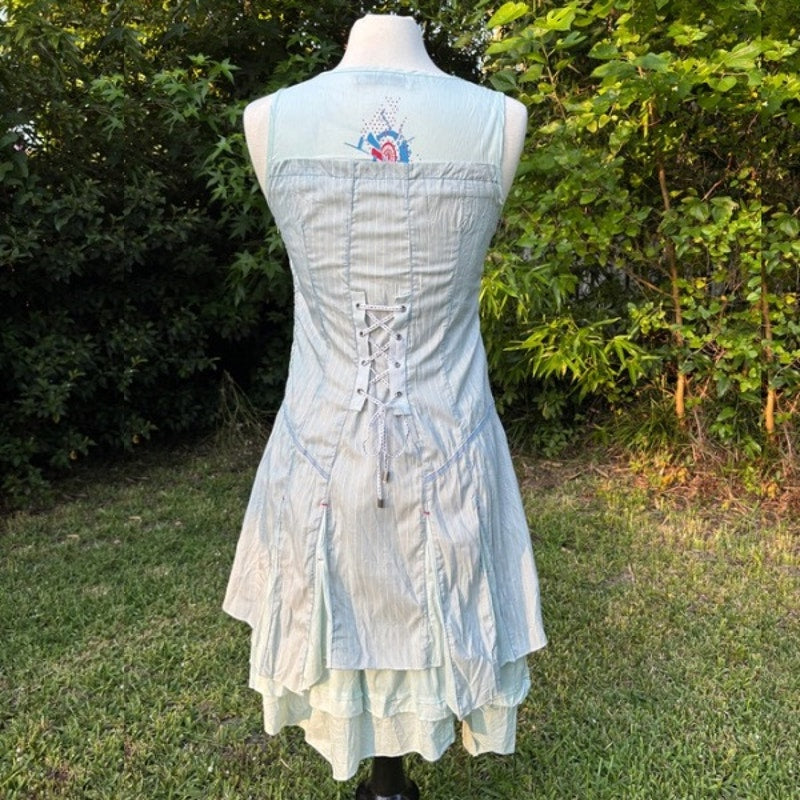 C’est Fait Pour Vous Y2K Light Blue and White Pinstriped Drop Waist Handkerchief Hem Fairy Dress (S/M)