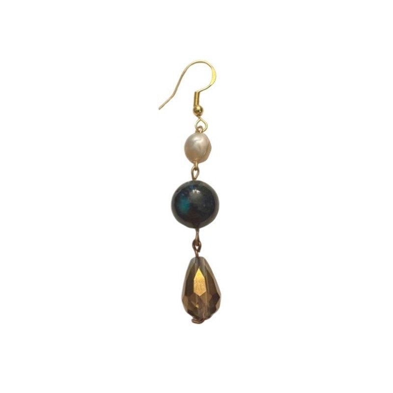 Baroque-inspired Faux Pearl, Forest Green, Gold Prism Droplet Beaded Drop Earrings