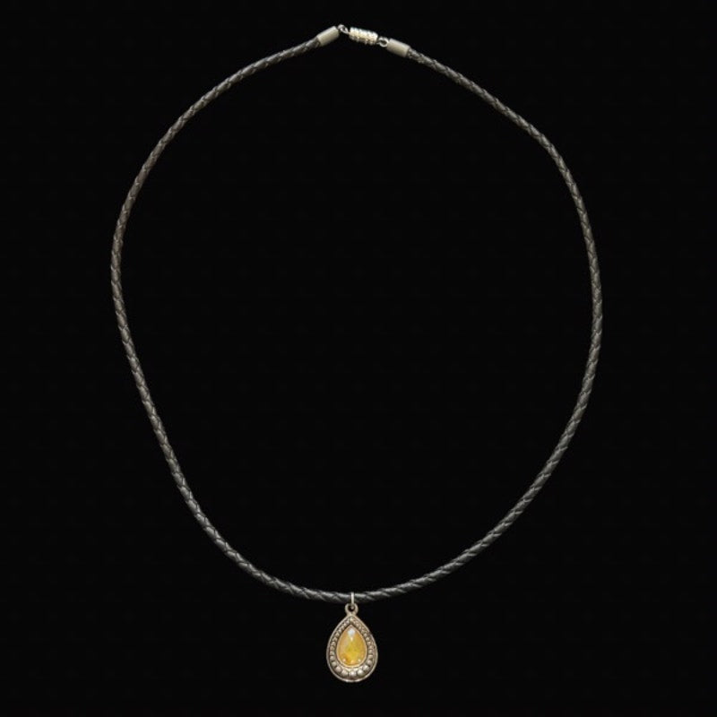 Faux Yellow Topaz & Silver Teardrop Pendant Leather Cord Choker Necklace