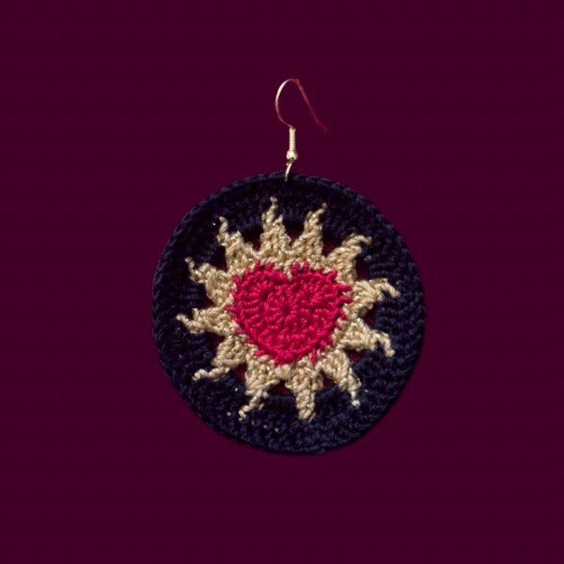 Red, Gold, & Black Hearts on Fire Micro-crocheted Disc Earrings