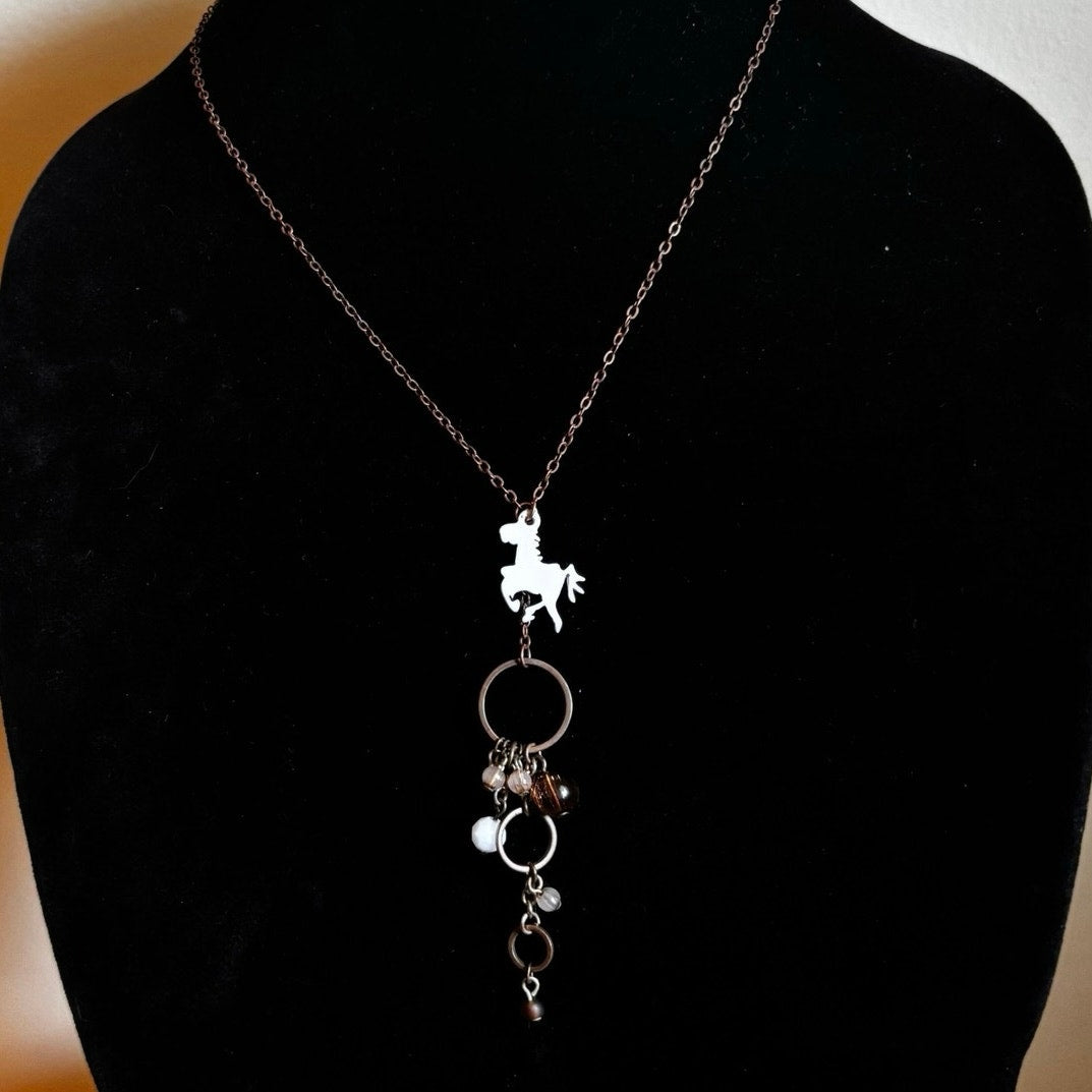 Vintage White Horse & Bronze Beaded  Bauble Bronze-toned Layered Drop Pendant Choker Necklace