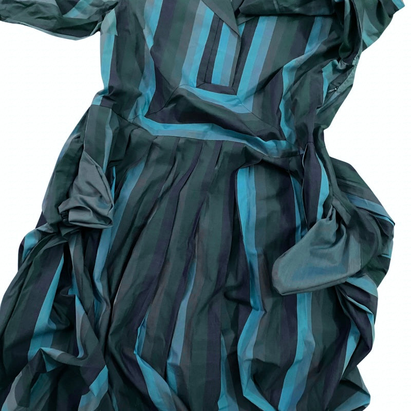 🔔 Issac Mizrahi Blue Striped Collared Fit & Flare Pleated Midi Dress (14)