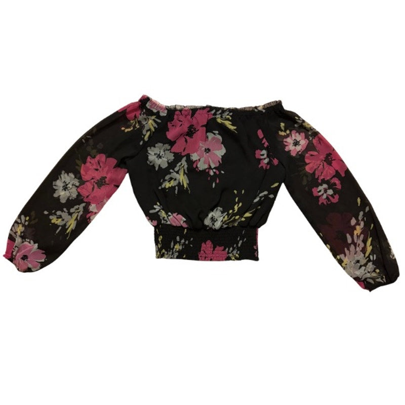Off-Shoulder Black & Pink Floral Sheer Long Sleeve Shirred Hem Crop Top (12P)