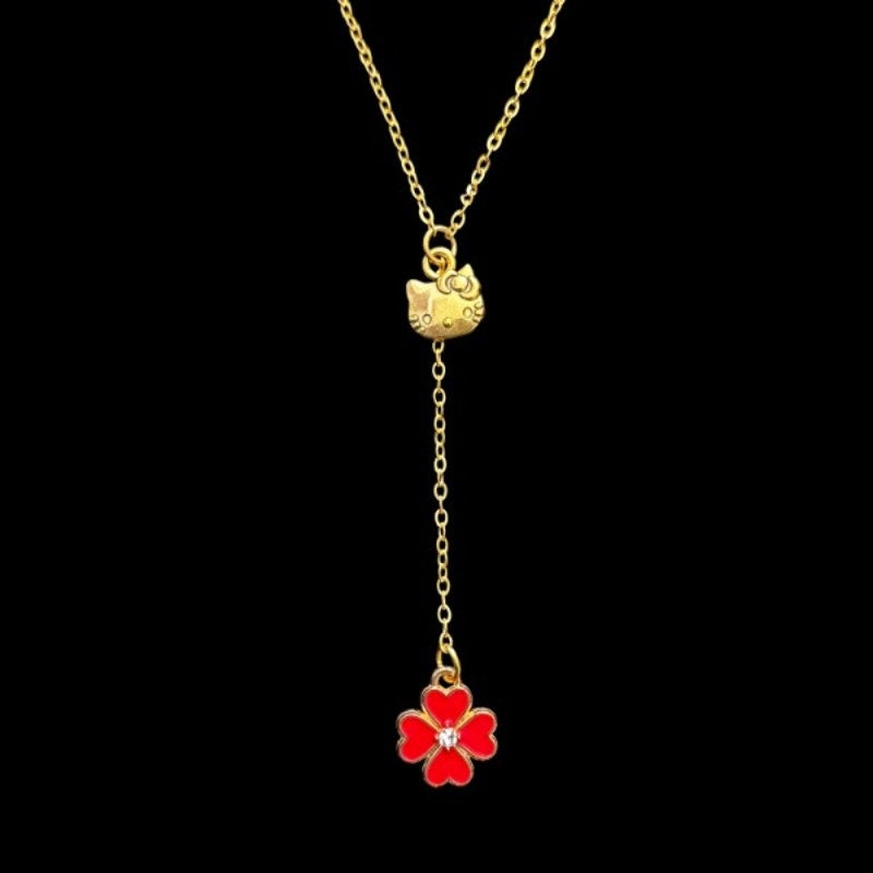 Gold Hello Kitty & Red Four Leaf Clover Charm Layered Drop Pendant Necklace