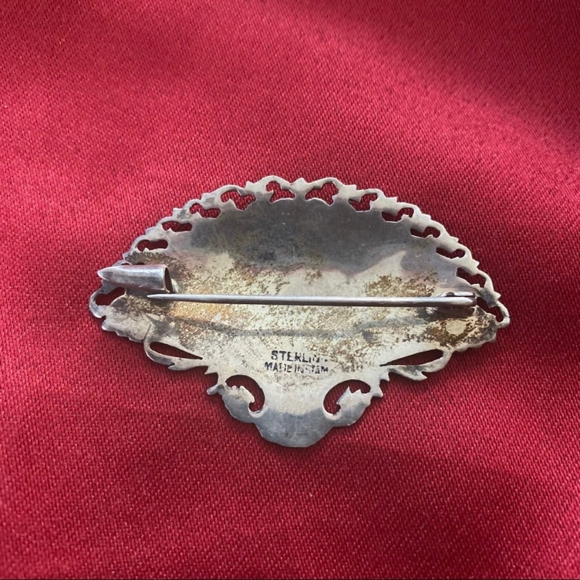 Vintage Black & Silver Siam Niello Sterling Silver Dancers Filigree Fan Brooch