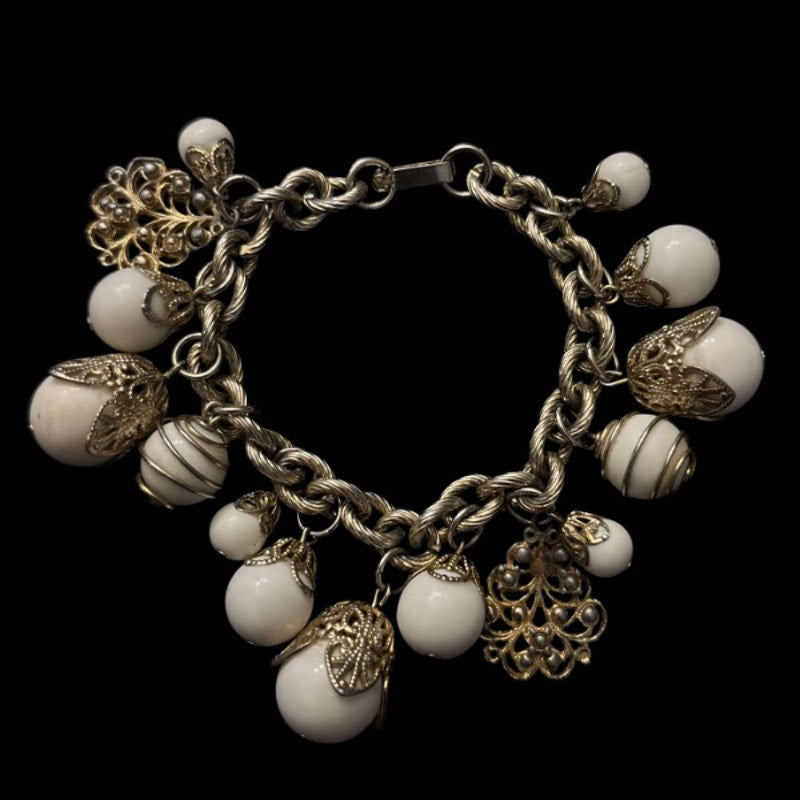 Vintage White & Silver Bauble Filigree Charm Chain Bracelet