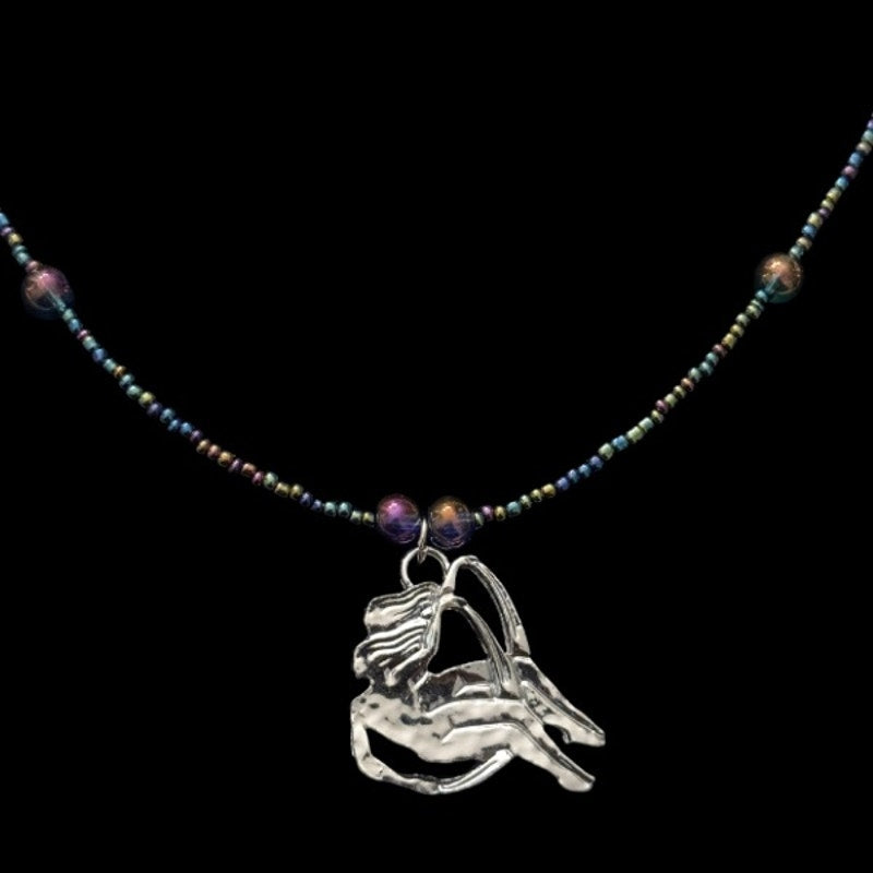 OOAK Metallic Purple/Blue/Green Beaded Silver Gemini Pendant Necklace